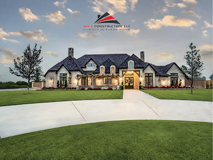 Exterior of a large single-family home with a curved driveway and well-kept lawn; Apex Construction LLC logo sits above the house.